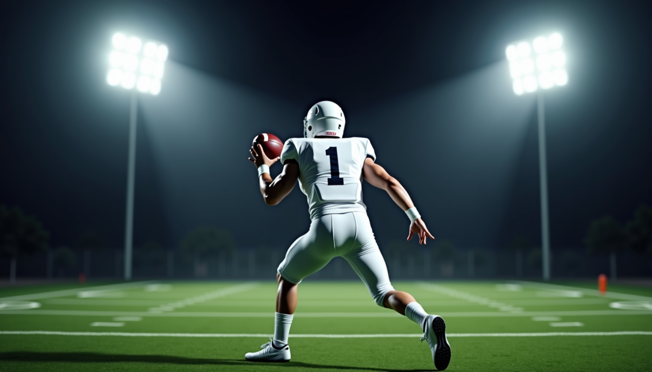 Banner Image showing a Football player running under stadium lights